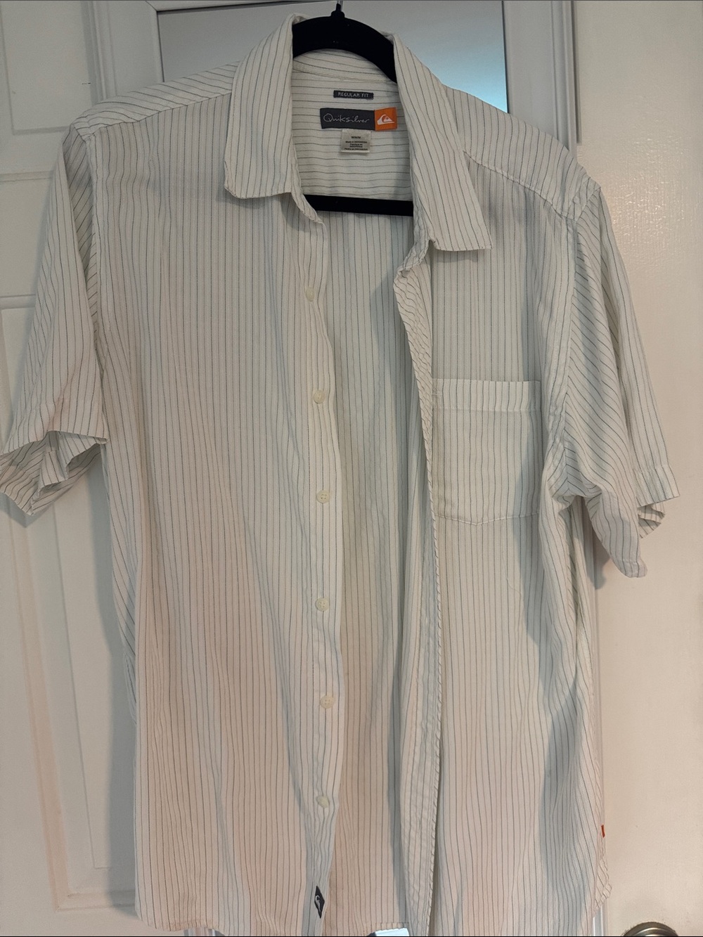 Quiksilver Men’s White Button-Up Shirt with Light Blue Pinstripes